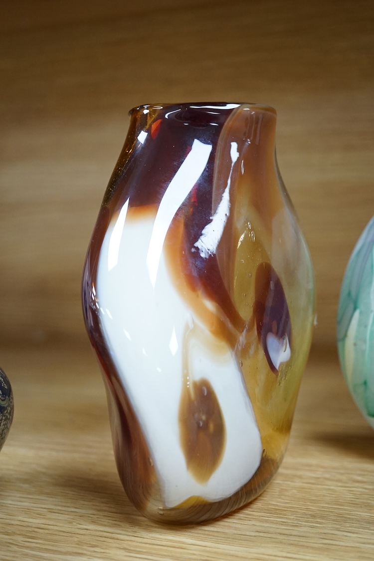 Five pieces of art glass comprising a scent bottle and four vases, largest 16cm high